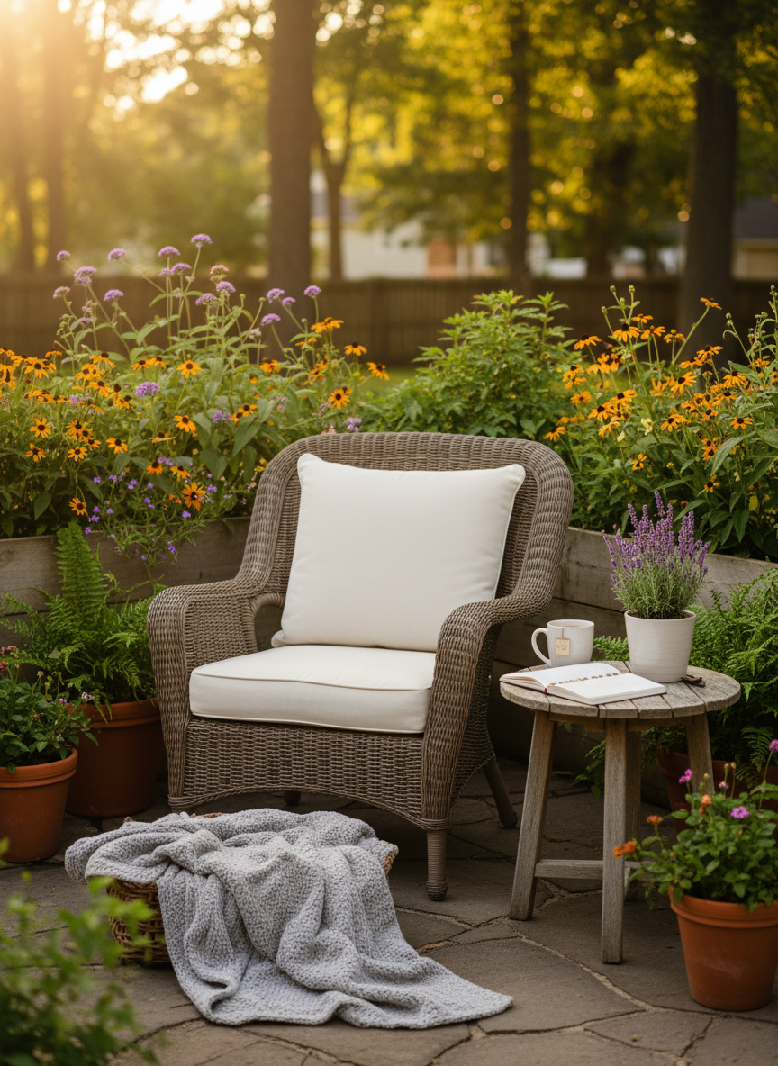 A tranquil Louisville backyard patio set up for a postpartum mother’s quiet moment, with a cushioned wicker lounge chair, a soft throw blanket folded at the foot, and a small side table holding a ceramic mug of tea, an open journal, and a small potted lavender plant. Surrounding planters overflow with lush greenery and native flowers, hinting at a connection to nature and holistic healing. Golden hour sunlight bathes the scene in warm tones, casting gentle, elongated shadows across the stone pavers. Captured in photographic realism from a three-quarter angle, the composition uses shallow depth of field to subtly blur the garden behind, creating an intimate, soothing, and supportive mood that reflects postpartum doula care without showing any people.