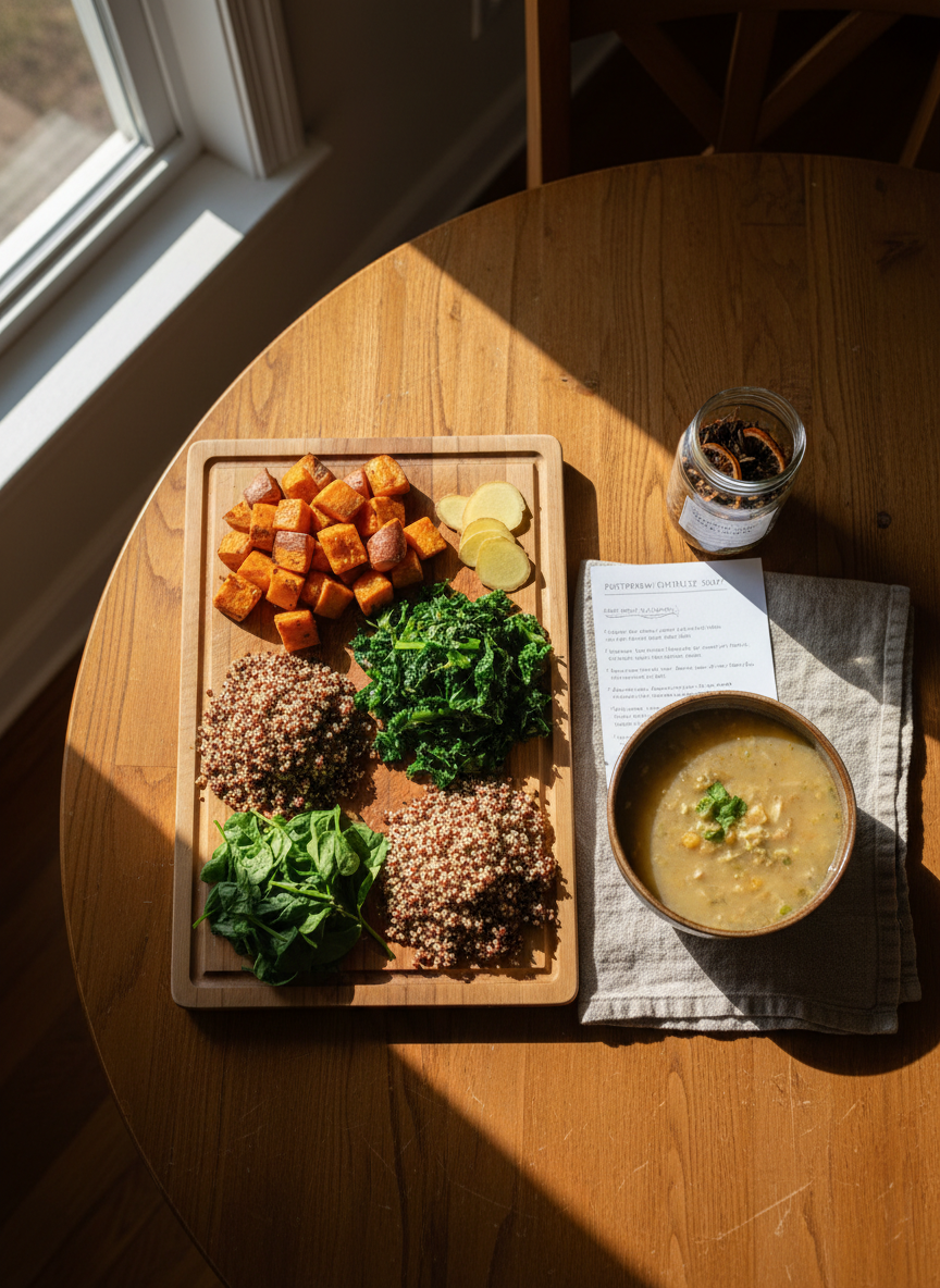 A kitchen table in a Louisville home transformed into a postpartum nourishment station, featuring a large wooden cutting board with beautifully arranged, colorful ingredients: chopped sweet potatoes, leafy greens, quinoa, and sliced ginger. Next to it, a steaming bowl of hearty homemade soup in a stoneware bowl sits on a linen placemat, with a folded recipe card and a glass jar of herbal tea nearby. Natural midday light pours in from a window, highlighting the vibrant, earthy tones and creating soft shadows on the table’s grain. Shot in photographic realism from an overhead, bird’s-eye view, the composition feels organized yet homely, conveying the doula’s role in holistic, nourishing postpartum care through food and gentle organization, with no people present.